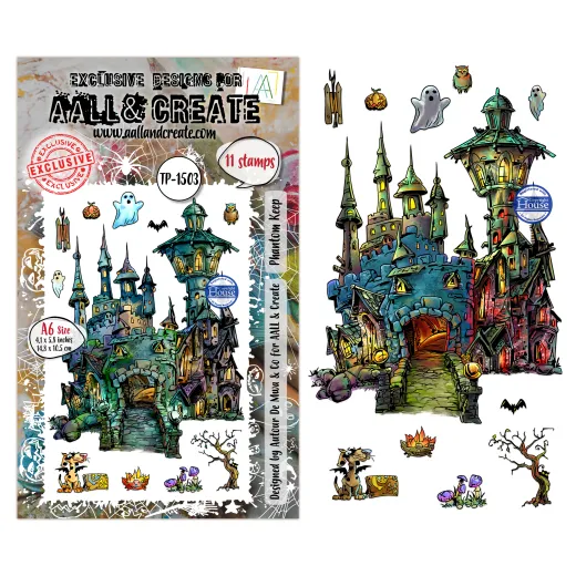 Clear Stamps Nr. 1503 Whispers of Halloween - Stempelset mit 11 Motiven: Spukschloss, Phantome, Hexen, Fledermäuse und Halloween-Dekoration