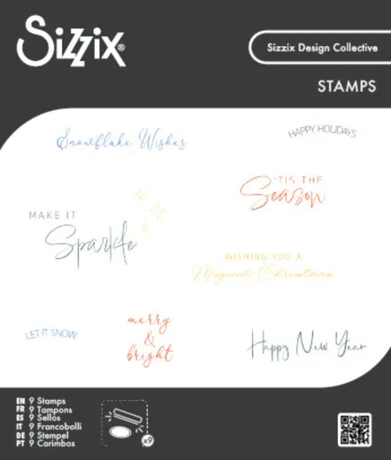 Verpackung der Clear-Stamp-Sets mit winterlichen Textstempeln wie „Snowflake Wishes", „'Tis the Season" und „Merry & Bright" in verschiedenen Handschriften und Farben.