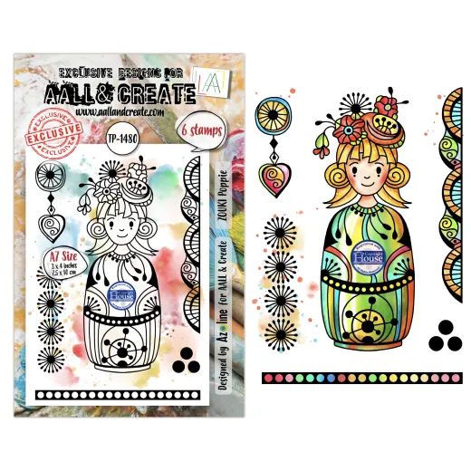 Verpackung der Clear Stamps „ZOUKI Poppie" mit kolorierter Matroschka-Puppe im Blumenschmuck
