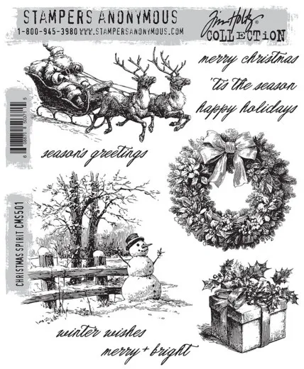 Stempelbogen Christmas Spirit mit Rentierschlitten, Kranz, Winterszene mit Schneemann, Geschenk und Sprüchen