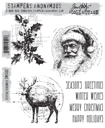 Stempelbogen Festive Schematic mit Stechpalme, Weihnachtsmann, Hirsch in Kreisgrafik und vier Grüßen