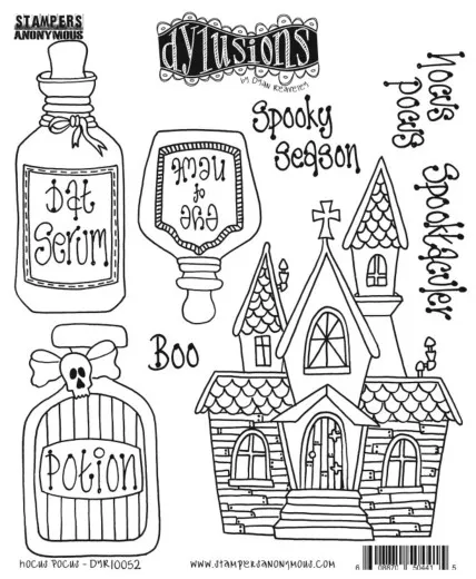 Stempelbogen Hocus Pocus mit Spukhaus, Flaschen Bat Serum und Potion und Sprüchen wie Spooky Season und Boo