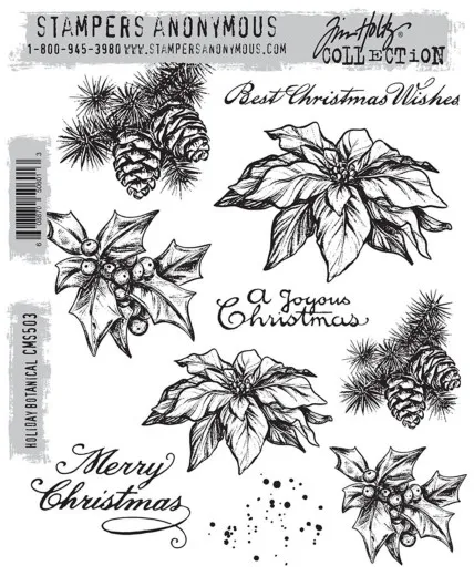 Stempelbogen Holiday Botanical mit Tannenzapfen, Weihnachtssternen, Stechpalme und Schriftzügen