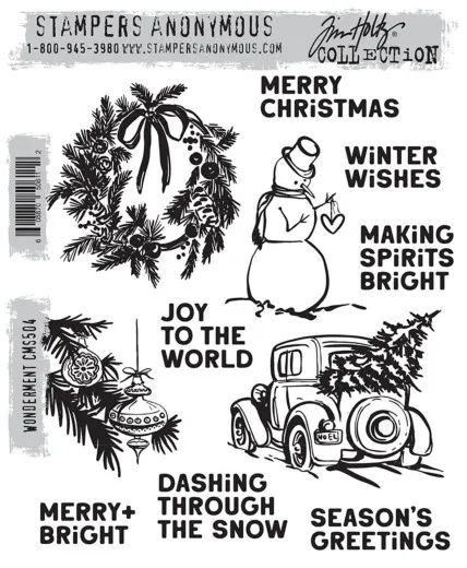 Stempelbogen Wonderment mit Kranz, Schneemann, Oldtimer mit Tannenbaum, Christbaumkugeln und Sprüchen
