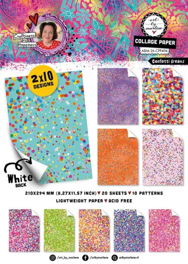 Art by Marlene Collage Paper Block Confetti Dreams mit 20 Bögen, 10 verschiedene farbenfrohe Designs in Pink, Orange, Blau und Grün