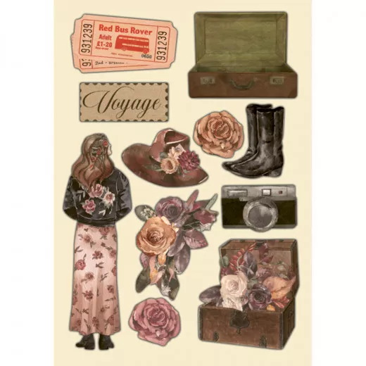 Stamperia Colored Wooden Frame Our way mit bedruckten Holzteilen: Frau mit Rosen, Koffer, Vintage-Bus, Stiefel, Kamera und Blüten auf cremefarbenem Hintergrund