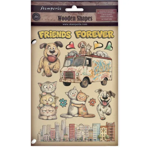 Verpackung der Wooden Shapes mit Friends-Forever-Schriftzug, Lieferwagen, Hunden, Katzen und Skyline