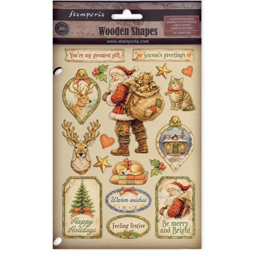 Verpackung der Stamperia Colored Wooden Shapes Silent Night mit lackierten Holzfiguren wie Weihnachtsmann, Rentier, Katze und Winterhaus-Anhänger.