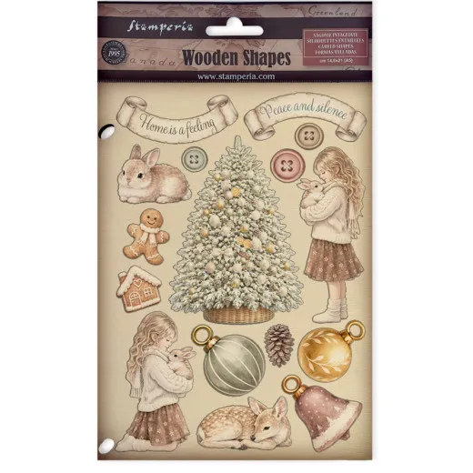Verpackung der Stamperia Colored Wooden Shapes White Christmas mit lackierten Holzfiguren wie Weihnachtsbaum, Kaninchen, Lebkuchenmann und Mädchen.