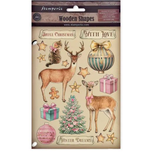 Verpackung der Stamperia Colored Wooden Shapes Winter Magic mit lackierten Holzfiguren wie Reh, Katze, Christbaumkugel und Geschenken.