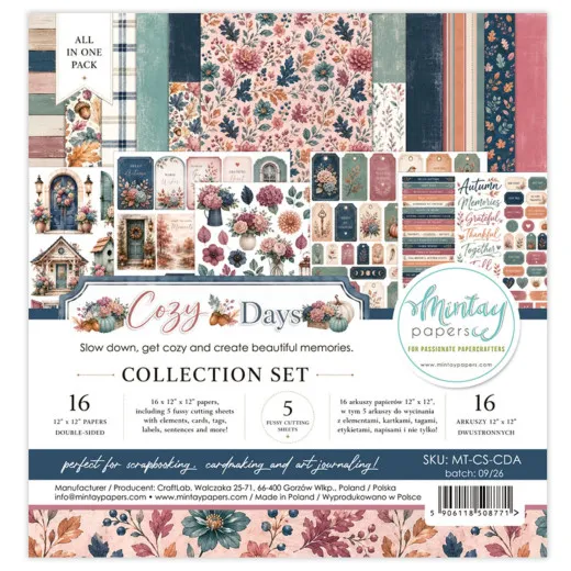 Verpackung des Collection Sets Cozy Days mit herbstlichen Blumen-, Karo- und Streifenpapieren sowie Ausschneidebögen