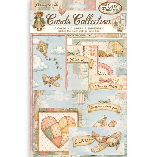 Stamperia Cards Collection Cozy Family mit 7 Karten, 5 Tags und Lesezeichen, farbenfrohe Motive mit Teddybären, Flugzeugen und Herzen