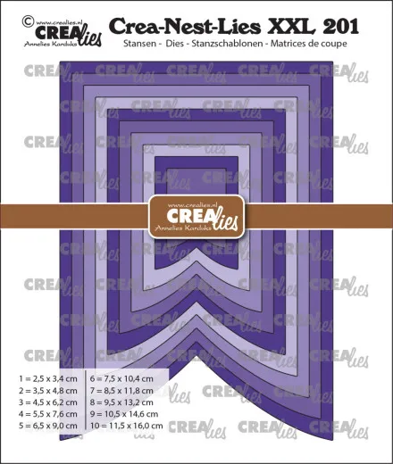 Zehn verschachtelte Wimpel-Stanzen mit Schwalbenschwanz und glattem Rand, Größen von 2,5 x 3,4 bis 11,5 x 16 cm