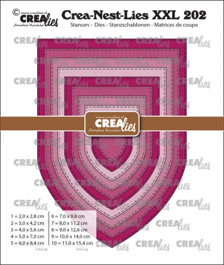 Zehn verschachtelte Church-Arch-Banner-Stanzen mit Stichlinie, Größen von 2,0 x 2,8 bis 11,0 x 15,4 cm