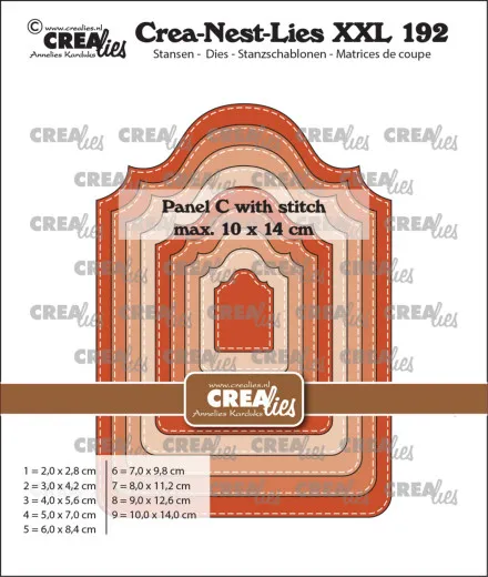 Verpackungsfoto der CREAlies Crea-Nest-Lies XXL Nr. 192 mit ineinander verschachtelten terrakottafarbenen Panel-C-Etikettenstanzen mit Stichlinie