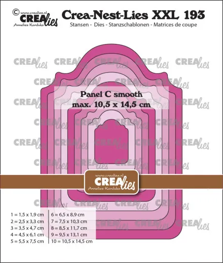 Verpackungsfoto der CREAlies Crea-Nest-Lies XXL Nr. 193 mit ineinander verschachtelten pinkfarbenen Panel-C-Etikettenstanzen in geschwungener Form