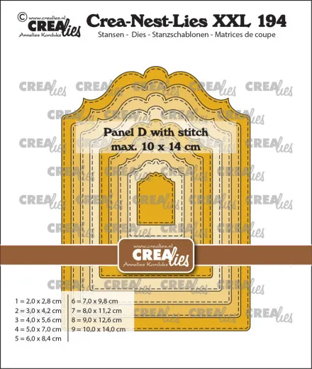 Verpackungsfoto der CREAlies Crea-Nest-Lies XXL Nr. 194 mit ineinander verschachtelten goldfarbenen Panel-D-Etikettenstanzen mit Stichlinie