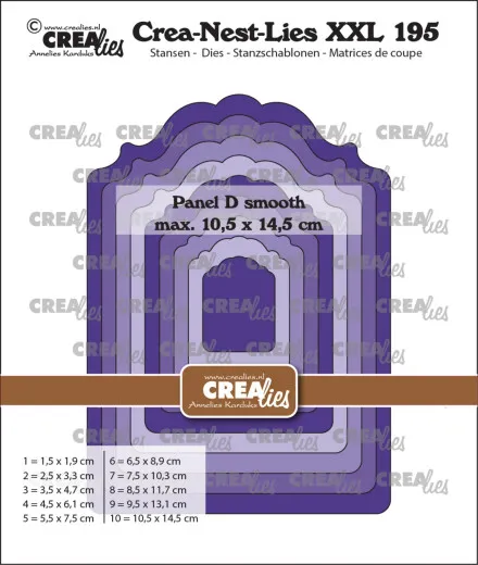 Verpackungsfoto der CREAlies Crea-Nest-Lies XXL Nr. 195 mit ineinander verschachtelten violetten Panel-D-Etikettenstanzen in geschwungener Form