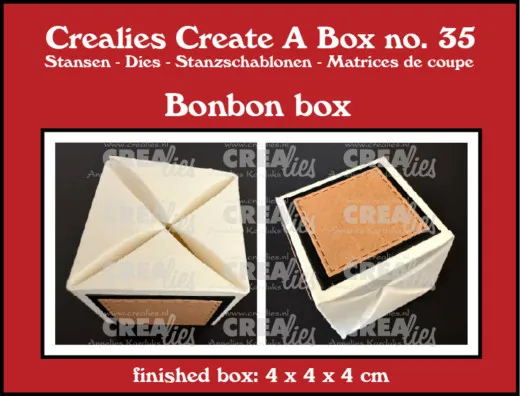 Fertige Bonbon-Box aus Create A Box 35 in zwei Ansichten: mit gefaltetem Deckel und von oben, 4 x 4 x 4 cm