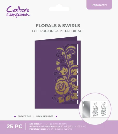 Fertige lila Karte mit goldfolierter Rosen- und Schnörkelranke im Cut-in-Edge-Design aus Metallstanze und Foil-Rub-Ons.