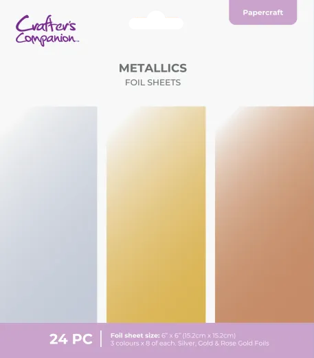 Drei Cut in Edge Metallic-Folienbögen in glänzendem Silber, Gold und Roségold nebeneinander.