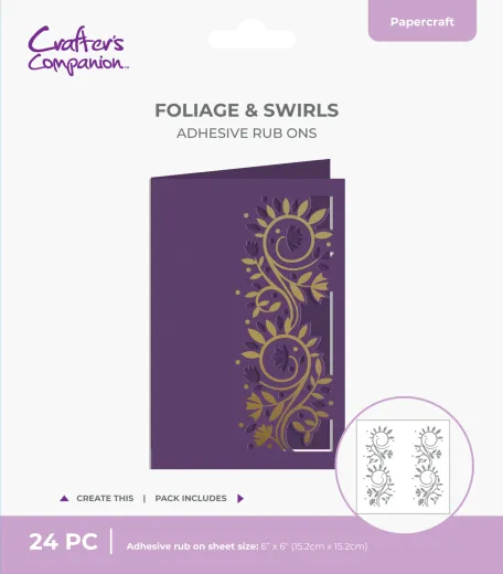 Fertige lila Karte mit goldfolierten Blätter- und Schnörkelranken im Cut-in-Edge-Design, freigestellt vom Rub-On-Bogen.