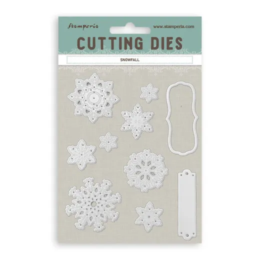 Verpackung der Stamperia Stanzformen "Christmas Snowfall" mit Schneeflocken- und Etikettenformen.