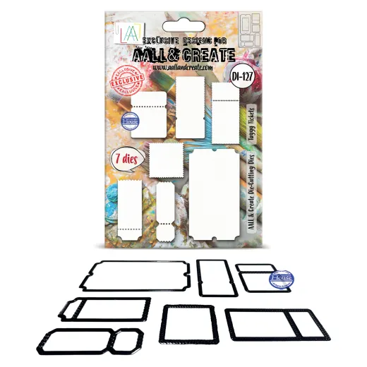 Verpackung der AALL & Create Stanzen DI-127 Taggy Tickets mit sieben Ticket- und Tag-Formen mit Abrissrand