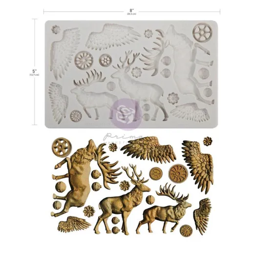 Finnabair Decor Mould 'Forest Spirits' – Silikonform mit Hirschen und Flügeln sowie gegossenem Ergebnis