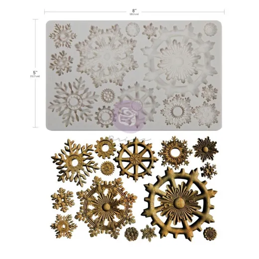 Finnabair Decor Mould 'Frosty Gears' – Silikonform mit Schneeflocken und Zahnrädern sowie gegossenem Ergebnis