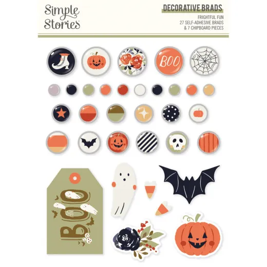 Verpackung der Halloween-Deko-Brads „Frightful Fun" mit 27 Brads in Kürbis-, Geister- und Spinnennetz-Motiven sowie Chipboard-Anhänger „Boo".