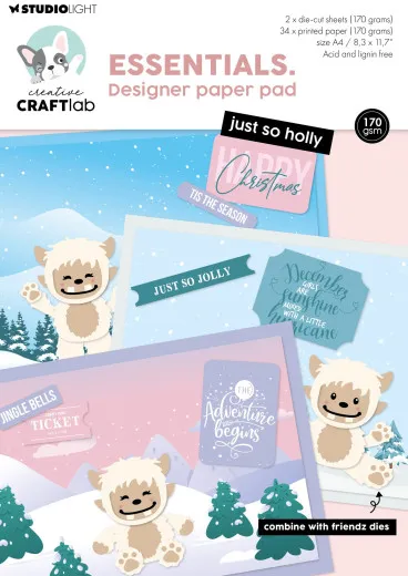 Vorderseite des Essentials Designer-Papierblocks mit aufgefächerten winterlichen Papierdesigns und Yeti-Motiven, Kollektion Just So Holly