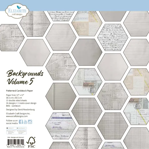 Verpackung des Designpapier-Blocks "Backgrounds Volume 5" mit Wabenvorschau aller 24 Motive