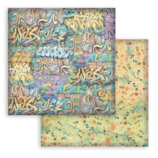 Doppelseitiges 12x12-Designpapier mit flächigen Graffiti-Schriftzügen und gesprenkelter Rückseite