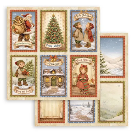 Sechs rechteckige Bildkarten mit Weihnachtsmann, Weihnachtsbaum, küssenden Kindern, Katze auf Stuhl und winterlicher Haustür.