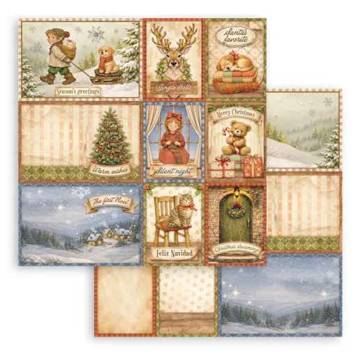 Bildraster mit gemischten Motiven wie Rentier "Jingle Bells", schlafendem Hund "Santa's favorite", Mädchen am Fenster "Silent night" und Katze "Feliz Navidad".