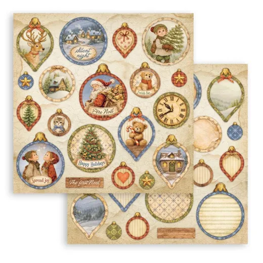Vorderseite mit runden Bildmedaillons (Hirsch, Winterhaus, Weihnachtsmann, Teddy, Uhr u.a.), Rückseite mit reduziertem Medaillon-Muster.