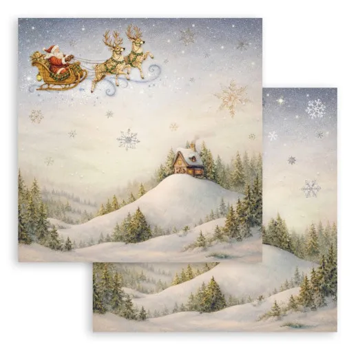 Weihnachtsmann im Rentierschlitten fliegt über ein schneebedecktes Haus auf einem Hügel.