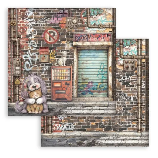 Doppelseitiges 12x12-Designpapier mit Hund und Katze vor Ziegelmauer, Getränkeautomat und Rolltor