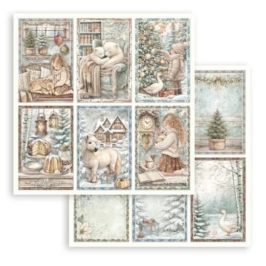 Vorder- und Rückseite mit insgesamt 12 rechteckigen Bildkarten winterlicher Motive wie Mädchen mit Reh, Eisbären, Weihnachtsbaum und Gans.
