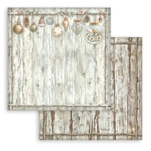Vorder- und Rückseite des Bogens: verwitterte Holzwand mit hängenden Weihnachtskugeln, Rückseite naturfarbenes Holzlattenmuster.