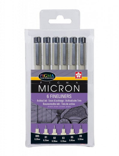 Pigma Micron Fineliner Set - Schwarz (6 Stifte sortiert)