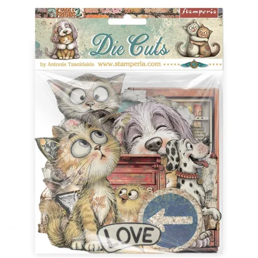 Tüte mit Die Cuts Furry Friends 2: Katzen mit großen Augen, lachender Hund, Dalmatiner, Küken und Love-Schild