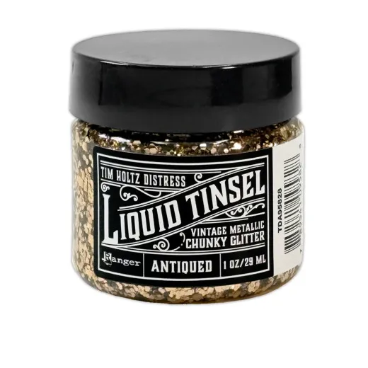 Tim Holtz Distress Liquid Tinsel Chunky Antiqued, 29 ml Dose mit schwarzem Deckel, gefüllt mit warmsilberfarbigem Glitter