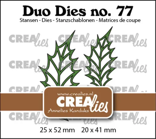 Verpackungsfoto der CREAlies Duo Dies „no. 77” mit zwei offenen Stechpalmenblatt-Stanzen in unterschiedlichen Größen
