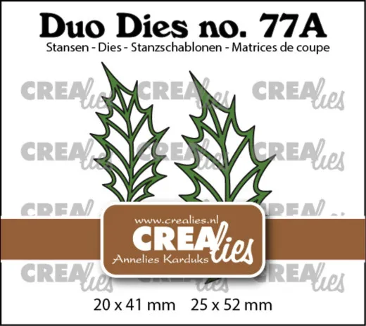 Verpackungsfoto der CREAlies Duo Dies „no. 77A” mit zwei gespiegelten, offenen Stechpalmenblatt-Stanzen