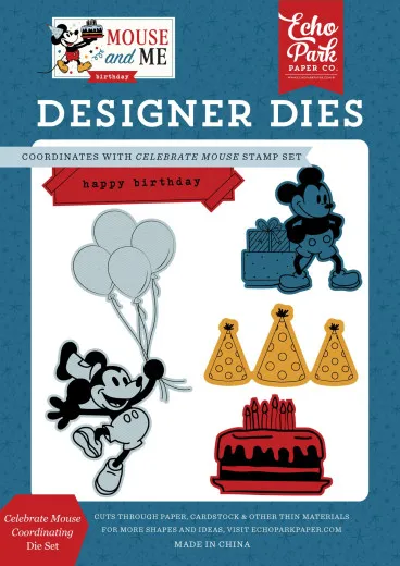 Echo Park Designer Dies Set Mouse and Me Birthday mit Mickey Mouse, Ballons, Partyhüte und Torte