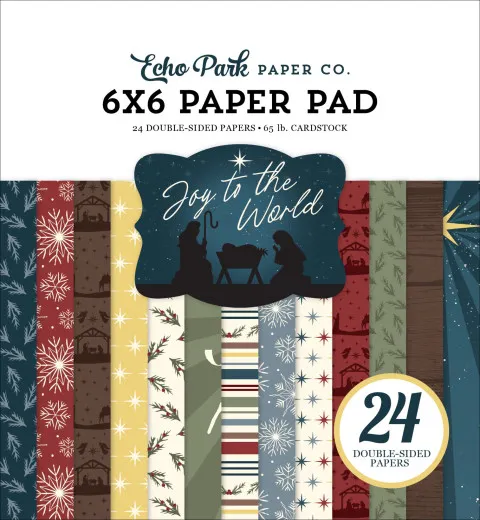 Echo Park Joy to the World 6x6 Paper Pad mit 24 Blatt, festliche Designs mit Krippe, Schneeflocken und Sternen in Dunkelblau, Rot, Creme und Grün