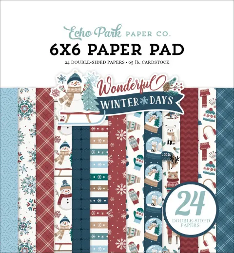 Echo Park Paper Pad Wonderful Winter Days 6x6 Zoll mit Schneemann-Motiv und winterlich gemusterten Papierbögen