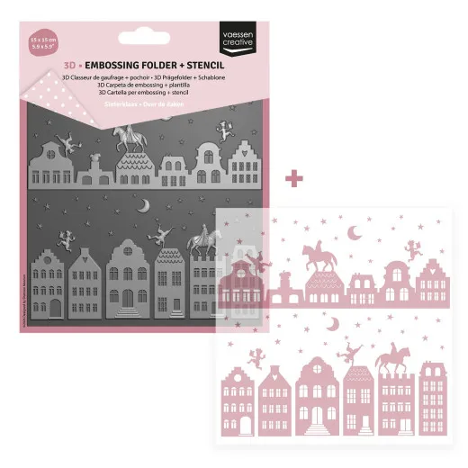 Verpackung des 3D-Embossing-Folders mit Schablone „Über die Dächer": Sinterklaas hoch zu Ross und tanzende Zwarte-Piet-Figuren über einer nächtlichen Dächerreihe mit Mond und Sternen.